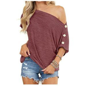 Off-shoulder slouch tunic with button shoulder detail. Loose fit size XL